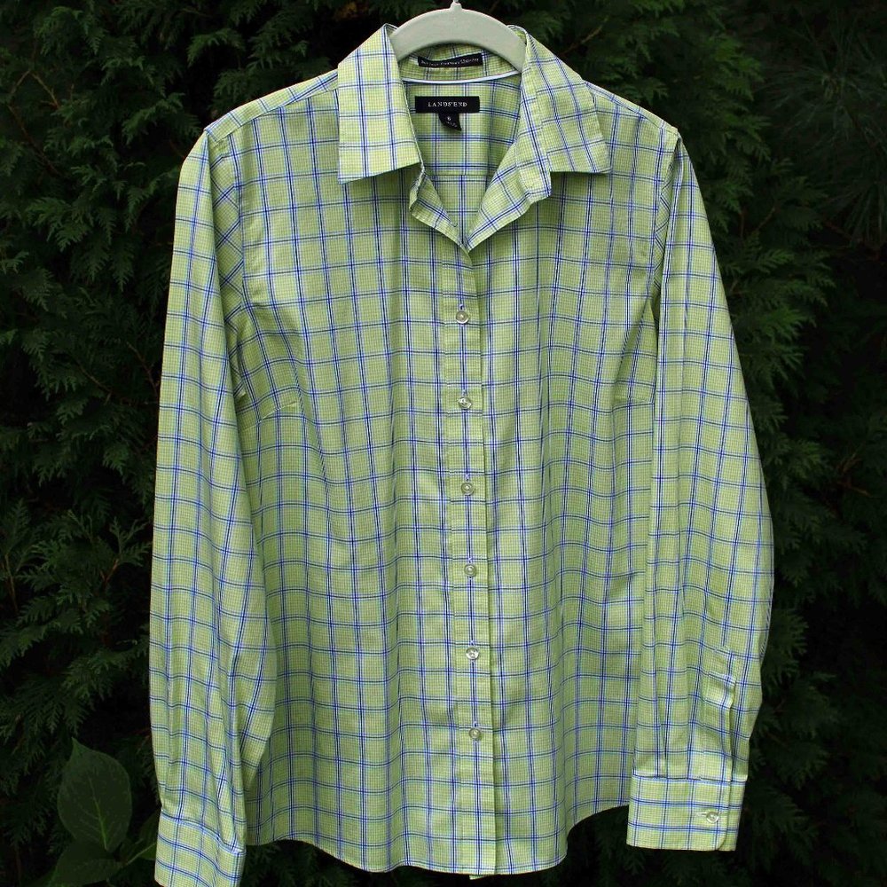 Lands' End Windowpane Plaid No-Iron Pinpoint Oxford Buttondown